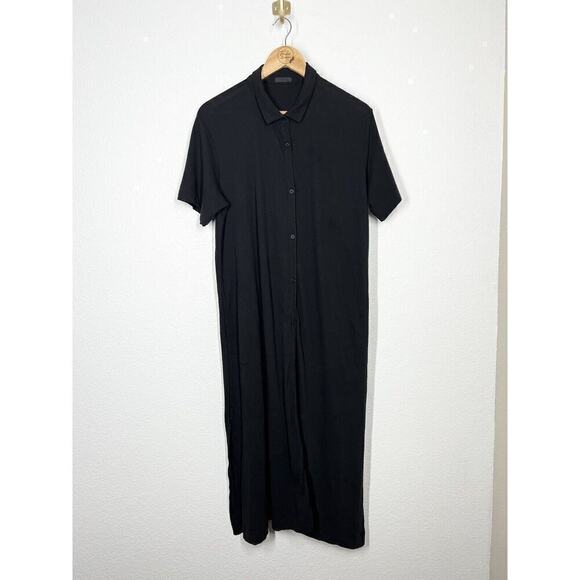 ATM Black Jersey Midi Shirt Dress Large L Button Front Pockets - Picture 1 of 6